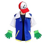 PUYYDS Hombres Anime Chaqueta Azul niños niñas Ash Ketchum Cosplay Disfraz para Halloween Mujeres Entrenador Sombrero y Guantes Gorra de béisbol Ajustable