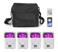 PUZILOZA Set de 4 proyectores LED blancos de 108 W con bolsa, RGBWA + UV DMX-app, batería recargable incorporada de 9600 mAh, iluminación de escenario Uplight con control remoto para DJ, bar, karaoke