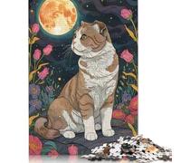 Puzle de 500 piezas con diseño de gato plegable escocés Under The Moon para adultos y rompecabezas de madera para los amantes de los puzles, 500 piezas (52 x 38 cm)