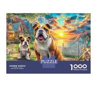 Puzle de jardín de Bulldog de 1000 piezas, puzle de puesta de sol, cabaña, juegos desafiantes de actividades familiares, coloridos, difíciles, 100% cartón reciclado para niños, 38 x 26 cm, 1000 piezas
