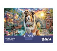 Puzle Perro Collie en Pueblo Chino Tradicional 1000 Piezas, Puzle Un Collie en un Entorno Vívido para Adultos, Juego de Rompecabezas en Familia para Adultos y Niños, 70x50cm/1000pz