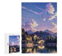 Puzles para adultos 300 piezas Serene Lake Village Sunset Puzzles para adultos - Juguete antiestrés - Ensamblaje de patrones - Actividades divertidas para el hogar 300 piezas