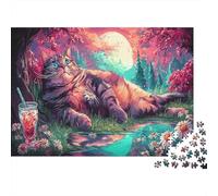 Puzzle 1000 Pezzi Blue-Eyed Cat Lies by Stream with Daisies Under Full Moon - Classici Giochi Pet, Decorazione E Regalo 52x38cm/1000pcs
