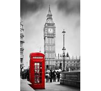 Puzzle 1000 Piezas Adultos Cabina Telefónica Roja Y Big Ben En Londres Imagen En Blanco Y Negro 75 * 50Cm