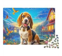 Puzzle 1000 Piezas - Adultos, Regalo, Juego Familiar, Beagle se Sienta por el Camino bajo el Cielo Estrellado Mascotas Rompecabezas, Decoración del Hogar 38x26cm/1000pcs
