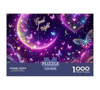 Puzzle 1000 Piezas Buenas Noches Mágica - Corazones Luna Morados Brillantes, Decoración 52x38cm