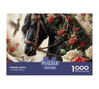Puzzle 1000 Piezas Caballo Negro Rosas para Adultos - Caballo Negro Guirnalda Rosas Desafío Decoración Pared Idea Regalo 52x38cm