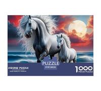 Puzzle 1000 Piezas Caballos Blancos Playa Unicornio Motivo 38x26cm, Unicornio Atardecer Playa Papel Reciclado Decoración Pared Idea Regalo