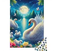 Puzzle 1000 Piezas Cisnes Bajo la Luna para Adultos Cartón Grueso Rompecabezas Educativo de Papel Cisne en el Agua Decoración Pared 52x38cm/1000pcs