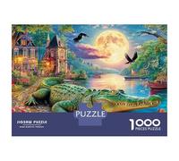Puzzle 1000 Piezas Cocodrilo en un pantano Vibrante y bañado por la Luna Rompecabezas 38x26cm/1000pcs Regalos para Adultos Y Niños Cartón 100% Reciclado Descompresión