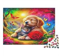 Puzzle 1000 Piezas Gato y Perro Rosa Amor, Relax Antiestrés Cartón Reciclado Adultos Niños 38x26cm