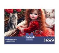 Puzzle 1000 Piezas Niña Toca Piano Extremadamente Difícil - Niña Vestido Rojo con Gato, Antiestrés 38x26cm