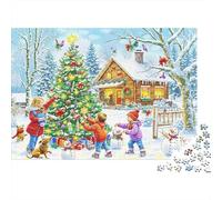Puzzle 1000 Piezas Niños Construyendo Muñeco Nieve Cabaña Navidad Relax Alivio Estrés Adultos Niños Regalo 52x38cm