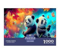 Puzzle 1000 Piezas Panda en Otoño - Dos Pandas Entre Flores Coloridas - Papel Reciclado - Decoración Pared y Regalo 52x38cm