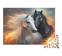 Puzzle 1000 Piezas Par de Caballos de Fuego, Caballo Blanco y Negro, Cartón Grueso, Relajación Mental, 70x50cm