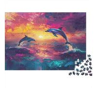 Puzzle 1000 Piezas Pareja Delfines al Atardecer Océano, Relajante Antiestrés Ejercicio Mental, para Ancianos Adolescentes Principiantes 52x38cm