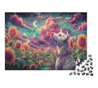 Puzzle 1000 Piezas - Perro Blanco en el Campo de Girasol por la Noche Rompecabezas, Adultos, Desafiante, Juego Familiar, Regalo 70x50cm/1000pcs