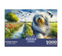 Puzzle 1000 Piezas Perro Tierno para Adultos - Bearded Collie en Camino Rural al Sol Extremadamente Difícil Decoración de Pared Regalo 38x26cm
