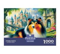 Puzzle 1000 Piezas Perro Tierno para Decoración de Pared - Collie en Jardín de Castillo Encantado para Relajarse y Decoración de Pared para Adultos 52x38cm