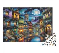 Puzzle 1000 Piezas Pueblo Antiguo Lunares, Vista Nocturna del Canal, Cartón Premium, Regalo para Padres, Alivio de Ansiedad, 70x50cm