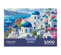 Puzzle 1000 Piezas Pueblo Griego, Cúpulas Azules de Santorini, Puzzle Difícil, Juego Familiar, Idea de Regalo 70x50cm