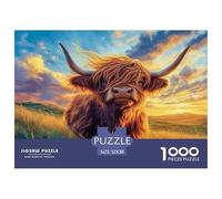 Puzzle 1000 Piezas, Regalo para Hombres y Mujeres - Vaca Highland, Atardecer, Pradera con Flores Silvestres, Actividad Familiar compartida para decoración de Pared 52x38cm