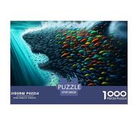 Puzzle 1000 Piezas Reto Banco Tiburones Doble Imagen Lobo Peces, Papel Reciclado, Juego Educativo Reto Relajante Hombres Mujeres Parejas 38x26cm