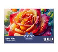 Puzzle 1000 Piezas Rosa Gotas Rocío Adultos Niños, Rosa Rojo Naranja con Rocío Detallada, Papel Reciclado, Juego Educativo, Desafío, 38x26cm