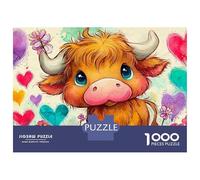 Puzzle 1000 Piezas Vaca de Las Higlands tierna en un corazón Lleno Rompecabezas 52x38cm/1000pcs Regalos para Adultos Y Niños DIY Juegos Únicos De Desafío