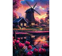 Puzzle 300 Piezas Molino Viento Flores Tulipán, Puzzles Imposible, Desafiante Acertijo, Juegos de Rompecabezas para Toda la Familia, Puzzle Adultos 300 Piezas 38 x 26 cm