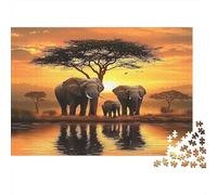 Puzzle 38x26cm/1000pcs Pour Adultes Éléphant d'Afriques,pour Femmes Et Hommes,Planche En Bois,verrouillage De Précision Scène de faune de Safari