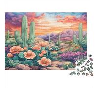 Puzzle 38x26cm/1000pcs Pour Adultes Fleurs de Cactus du désert,pour Femmes Et Hommes,Planche En Bois,verrouillage De Précision Paysage désertique à l'aquarelle