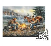 Puzzle 38x26cm/1000pcs Pour Adultes Scène de feu de Camp de Cowboys,pour Femmes Et Hommes,Planche En Bois,verrouillage De Précision Extérieur Rustique de l'Ouest