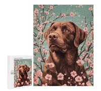 Puzzle 500 PCS Para Adultos Chocolate Labrador with Cherry Blossoms Labrador Floral Wall Art Puzzle Para Adultos Juegos Relajantes Regalos Para Mujeres Para Cumpleaños, Navidad 500 PCS