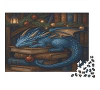 Puzzle 52x38cm/1000pcs Pour Adultes Dragon Bleu endormi,pour Femmes Et Hommes,Planche En Bois,verrouillage De Précision Scène fantastique d'étagère à livres