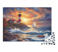Puzzle 52x38cm/1000pcs Pour Adultes Scène côtière Avec Phare,pour Femmes Et Hommes,Planche En Bois,verrouillage De Précision Coucher de Soleil nautique