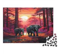 Puzzle 70x50cm/1000pcs Pour Adultes Coucher de Soleil Dans la forêt Avec Des éléphants,pour Femmes Et Hommes,Planche En Bois,verrouillage De Précision Style Art numérique Vibrant