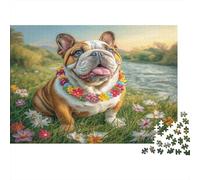 Puzzle Adultos 1000 Piezas Mascota Perro Lindo: Bulldog con Guirnalda de Flores para Adultos y Niños +12 Años Regalo 52x38cm/1000 Piezas