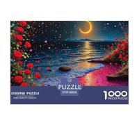 Puzzle Adultos 1000 Piezas Sendero Rosas Rojas Luna Mar, Ultra difícil, decoración Mural Idea hogar 38x26cm