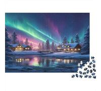 Puzzle Aurores boréales Scene Pour Adultes,70x50cm/1000pcs,jeu Éducatif,décoration De La Maison,Paysage de Chalet d'hiver