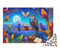 Puzzle Aves Coloridas Nocturnas 1000 Piezas Hombres Mujeres Adultos Búho Loros Noche Luna Libros Premium Grueso Resistente Vibrante Desafiante Duro Alivio Estrés Regalo 52x38cm/1000pzs