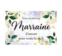 Puzzle Cadeau Marraine demande Surprise Avec Pochette en yute | Puzzle en carton rígido de 15 x 10 cm avec pochette en yute. Cadeau de demande marraine pour baptême ou annonce en famille.