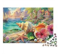 Puzzle Coastal Paradise Color Vibrante 1000 Piezas Adultos Caracola Estrella Pueblo Costero Veleros Premium Grueso Resistente Desafiante Duro Alivio Estrés 52x38cm/1000pzs