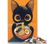 Puzzle con illustrazione di un Gatto Nero che Mangia Ramen per adulti e adolescenti, 500 pezzi, Puzzle Educativo per adulti e adolescenti, 500 pezzi (52x38 cm)