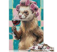Puzzle da 1000 pezzi raffigurante un furetto con i bigodini che beve Vino, Dipinto, per adulti, gioco Educativo, sfida, giocattolo, 1000 pezzi (75x50 cm)