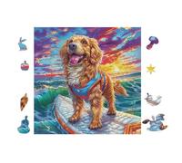 Puzzle De 100 Piezas para Adultos Cachorro Golden Retriever Surfing 28x28cm Regalo del Día De La Madre para Mamá Hobby Relajante Divertido Tiempo Libre Decoración del Hogar