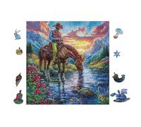 Puzzle De 100 Piezas para Adultos Cowboy with Caballo at Waterfall 28x28cm Ideal para Actividades En Interiores Días De Lluvia Fines De SeHombrea Tiempo En