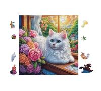 Puzzle De 100 Piezas para Adultos Gato at The Window con Flores 28x28cm Actividad De Team Building para Compañeros De Oficina Juego De Grupo Divertido Mejora La