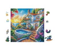 Puzzle De 100 Piezas para Adultos Villa mediterránea 28x28cm Corte De Alta Precisión Ajuste Huecos Experiencia De Montaje Fluida Regalo Divertida