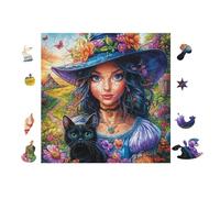 Puzzle De 100 Piezas para Adultos Witch with Black Gato and Hat 28x28cm Niños Adolescentes Adultos Actividad Familiar Divertida Tiempo De Fiesta